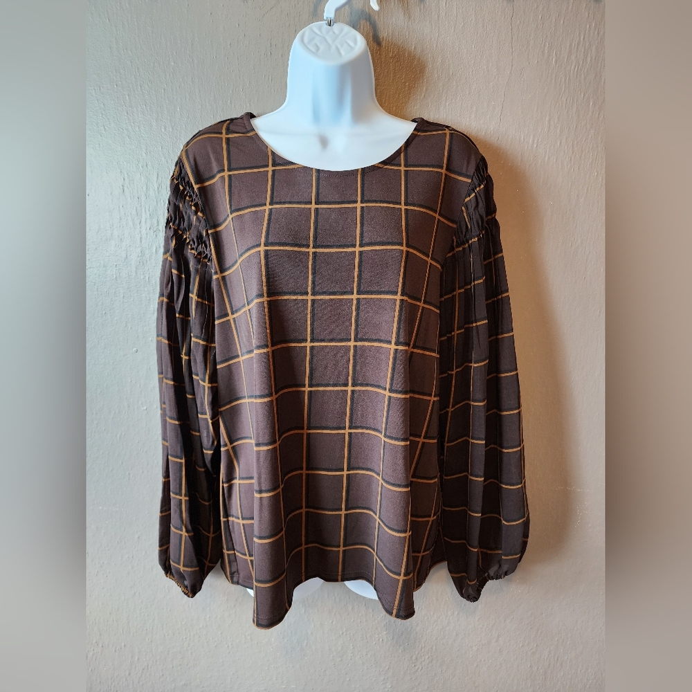 Calvin Klein Brown & Black Printed Pleat Sleeve Top